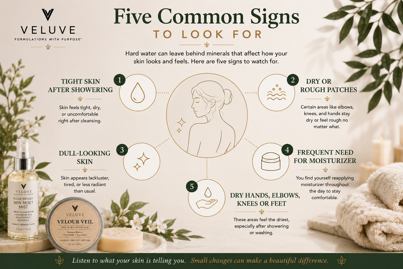 Hard Water Skin Signs image showing the five common clues skin may notice after showering