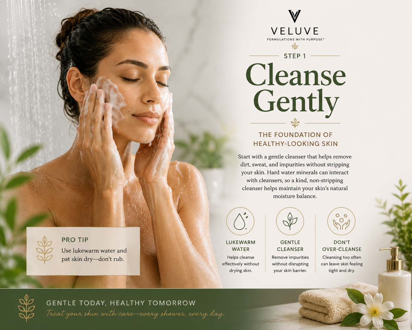 Step one of a Hard Water Skincare Routine showing gentle cleansing after showering