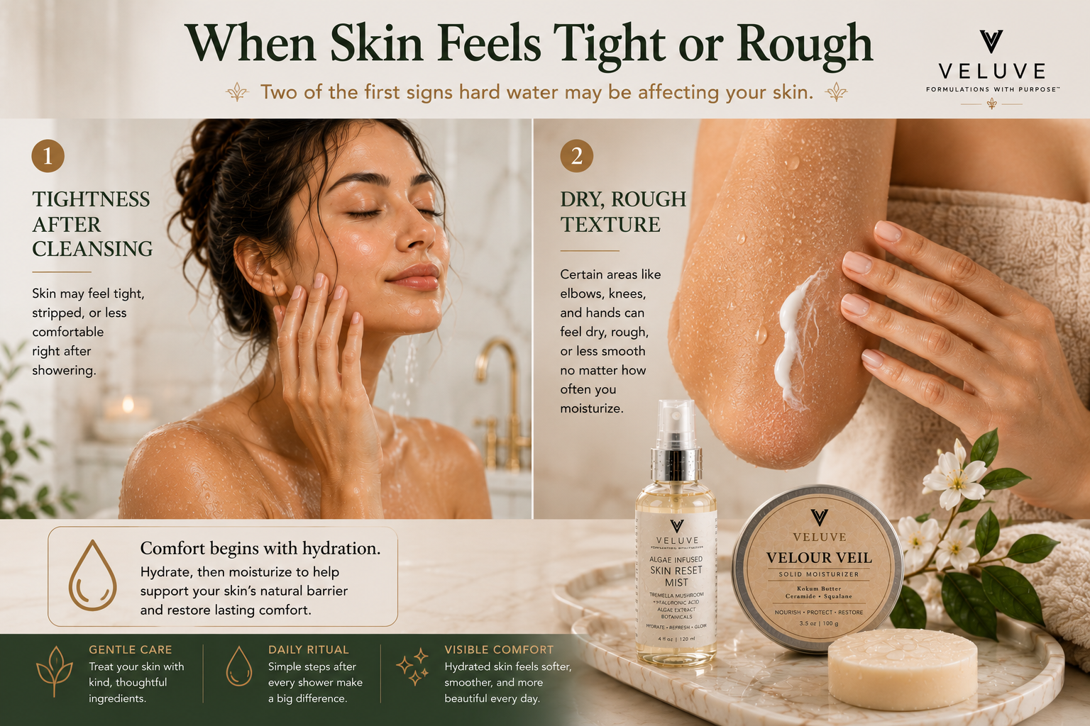 Hard Water Skin Signs showing tight or rough-feeling skin after showering