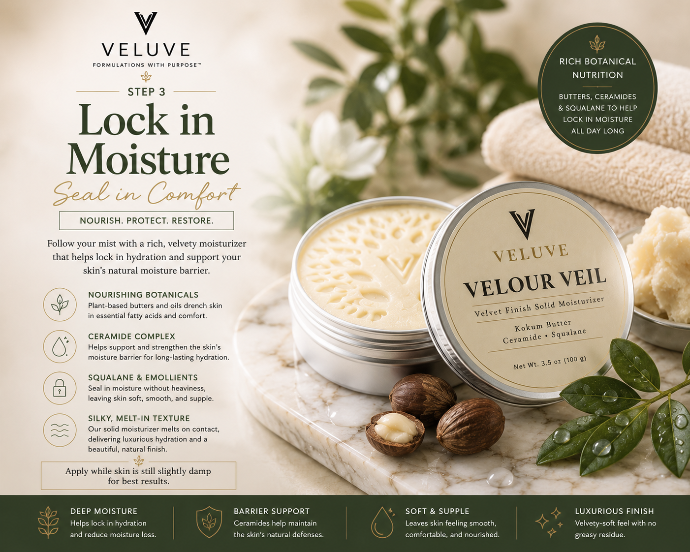Step three of a Hard Water Skincare Routine showing Veluve solid moisturizer for softer-feeling skin