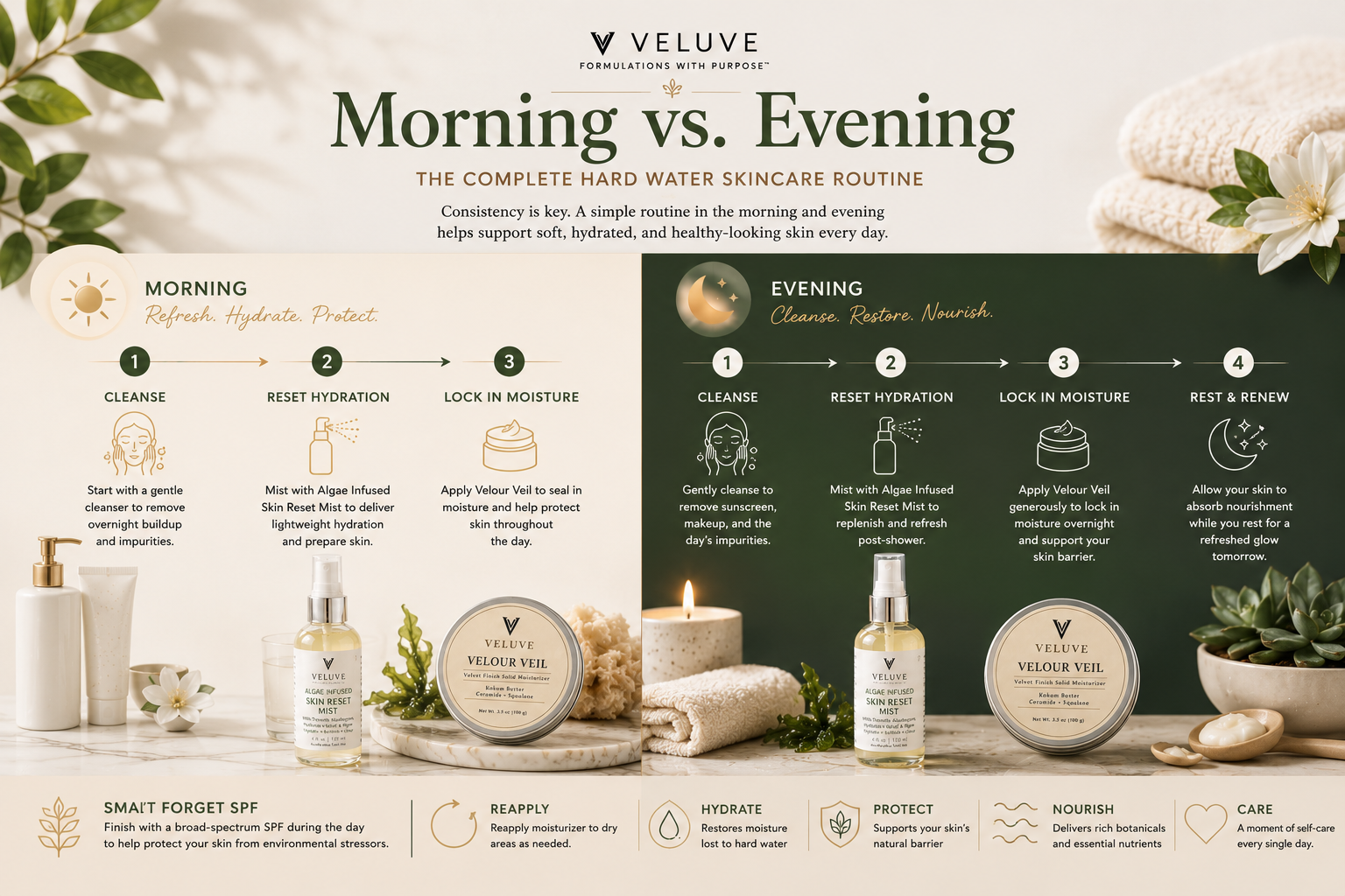 Morning and evening Hard Water Skincare Routine for daily post-shower care