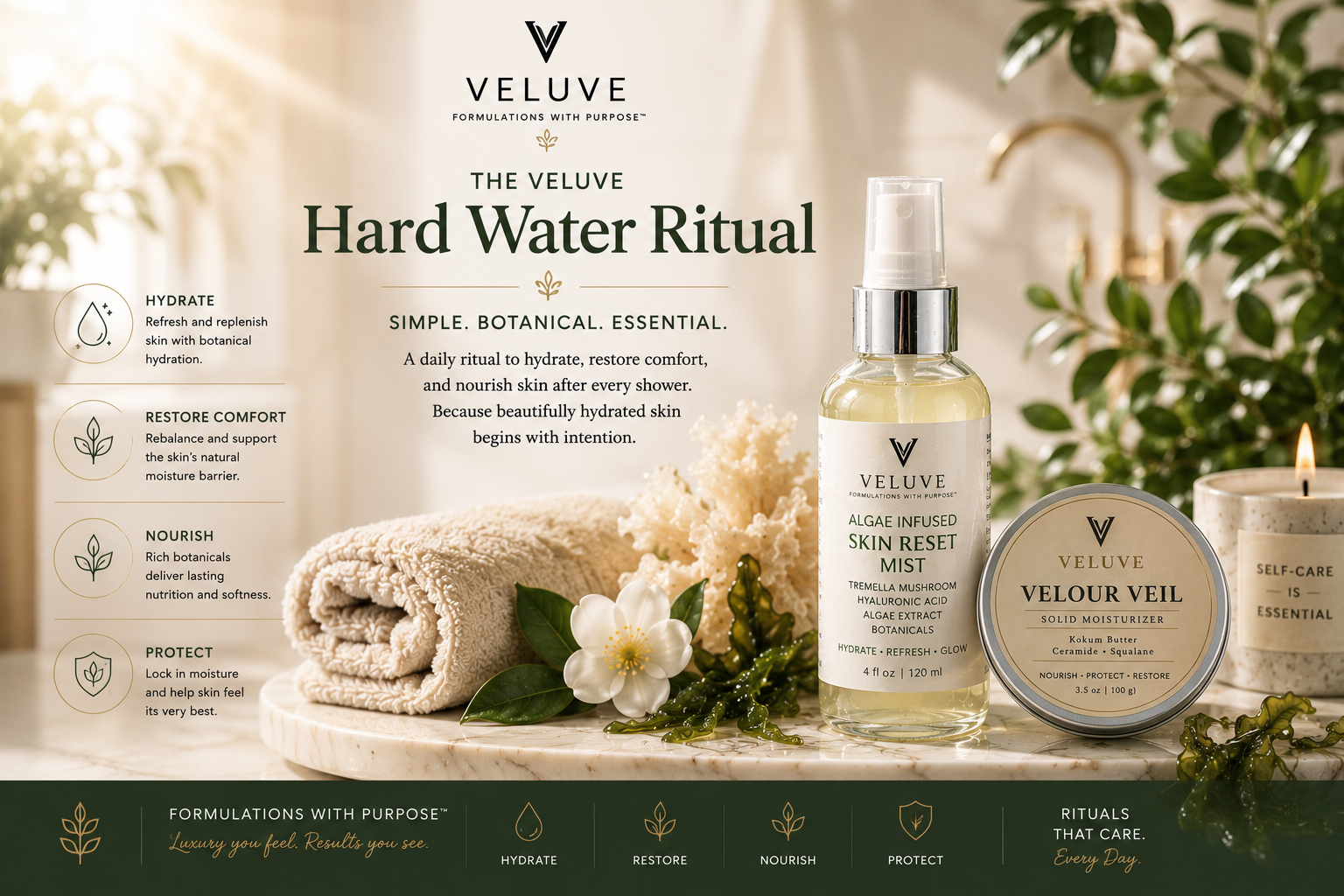 Veluve Hard Water Skincare Routine with cleanse refresh and seal steps