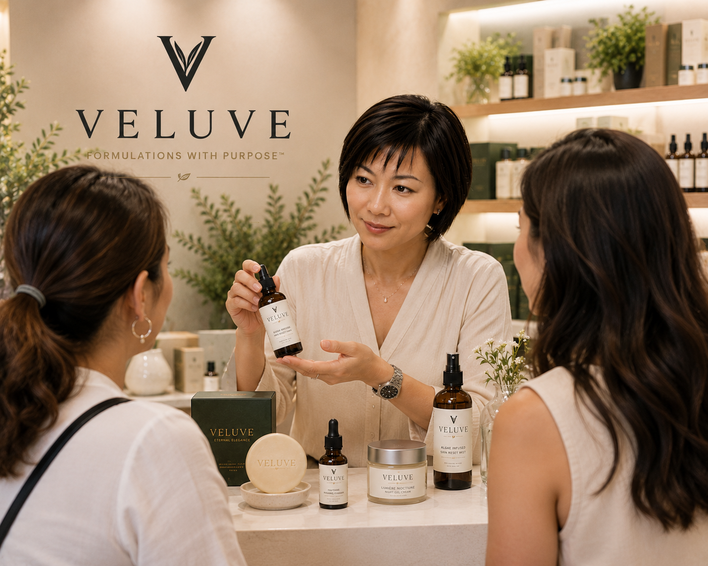Marie Yeung introducing Veluve personal care products to customers