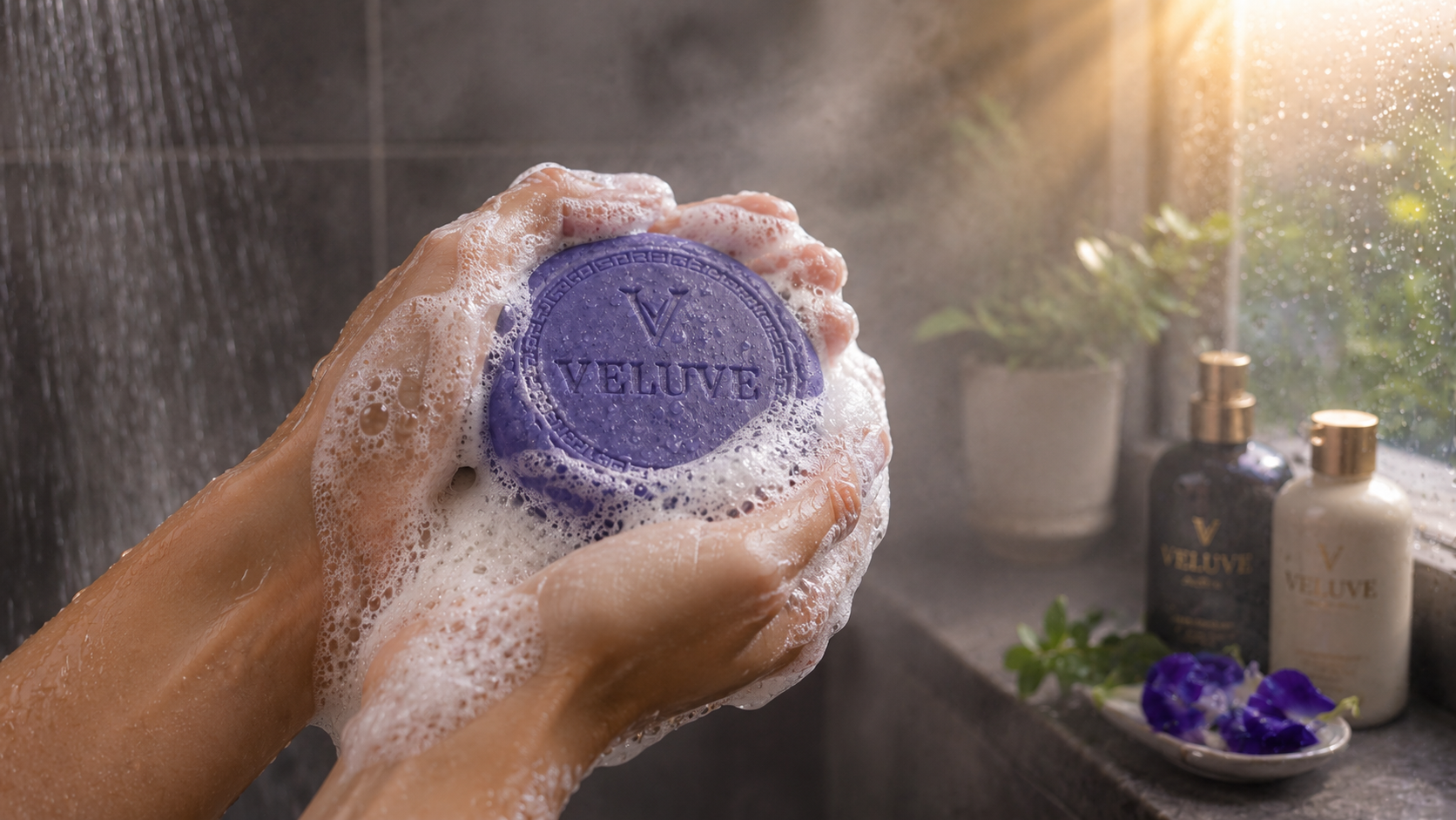 Creamy lather from Midori Rain Body Bar during a steam-lit shower ritual