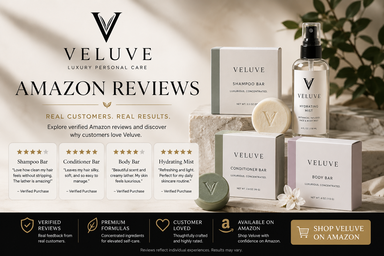 Veluve Amazon Reviews featuring Veluve shampoo bar conditioner bar body bar and hydrating mist